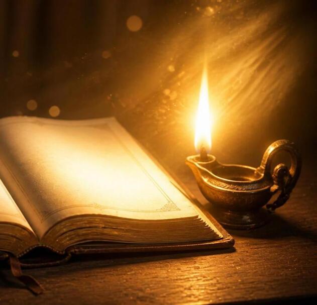 Biblia abierta iluminada por una lámpara de aceite